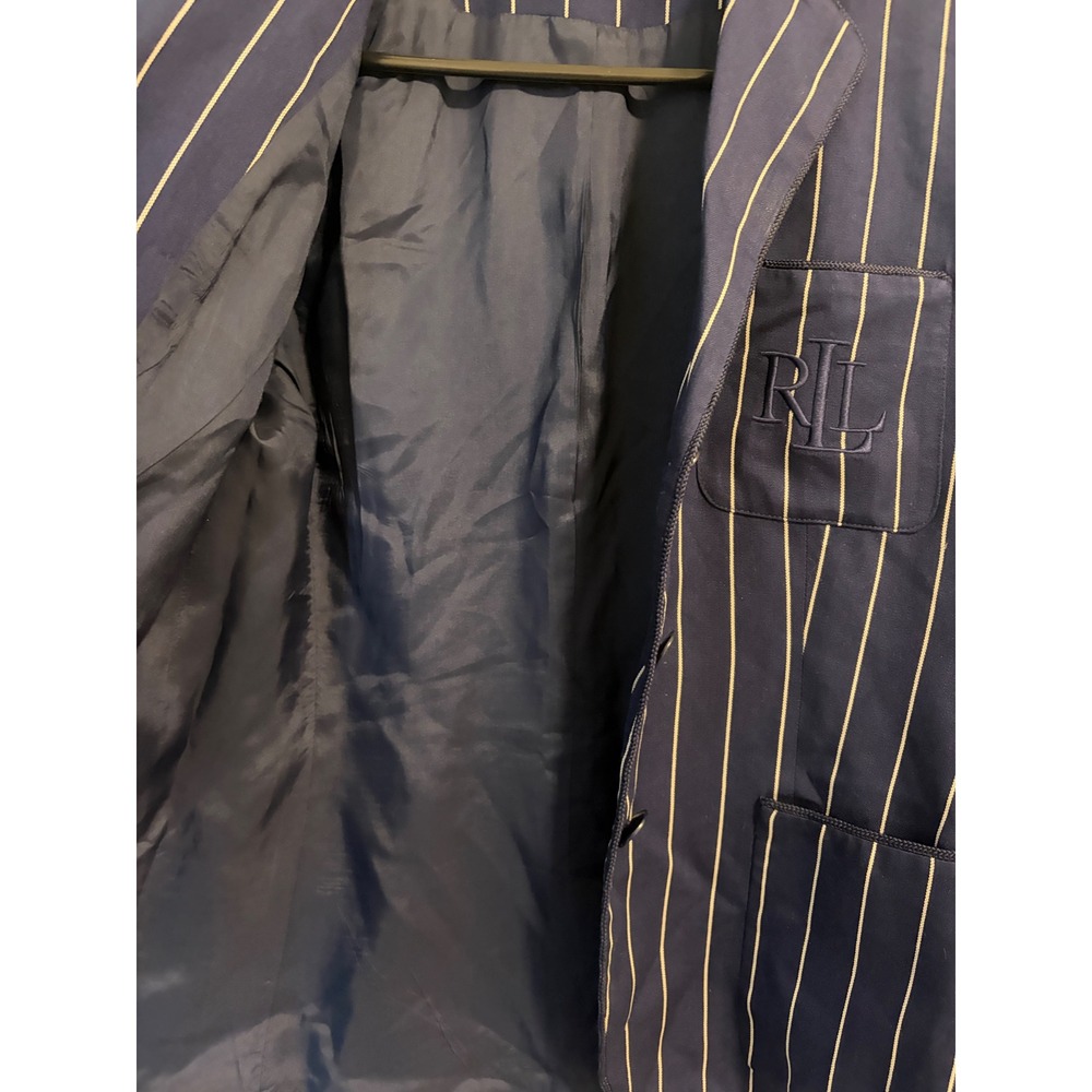 Lauren Ralph Lauren Navy Pinstripe Monogram Blazer Jacket Size 8 - Picture 4 of 8
